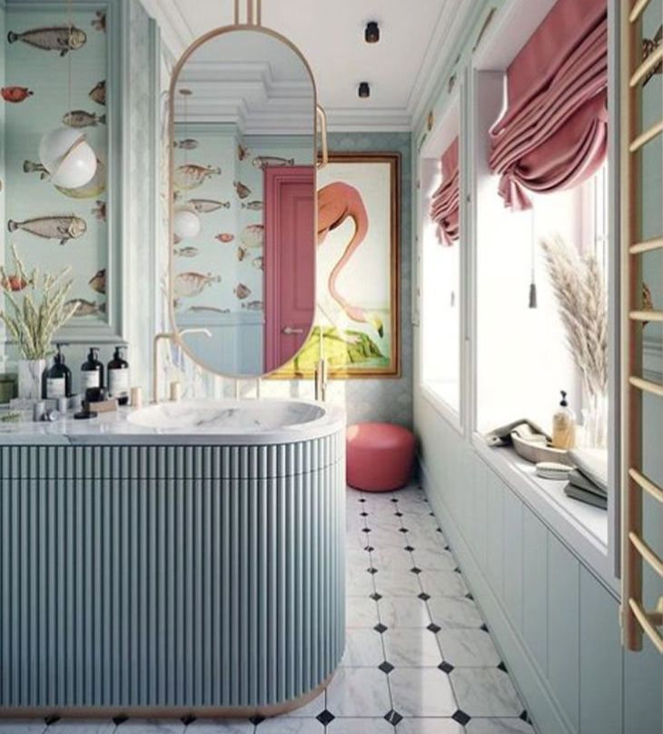 papel pintado con peces en la pared del bano