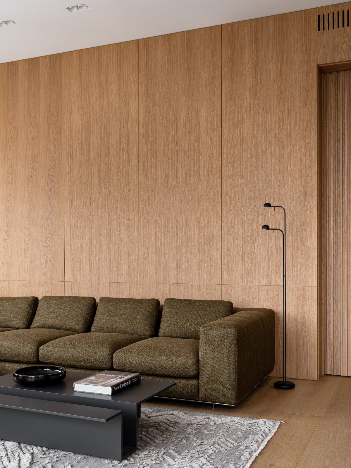 Salón panelado en madera y sofá marrón verdoso