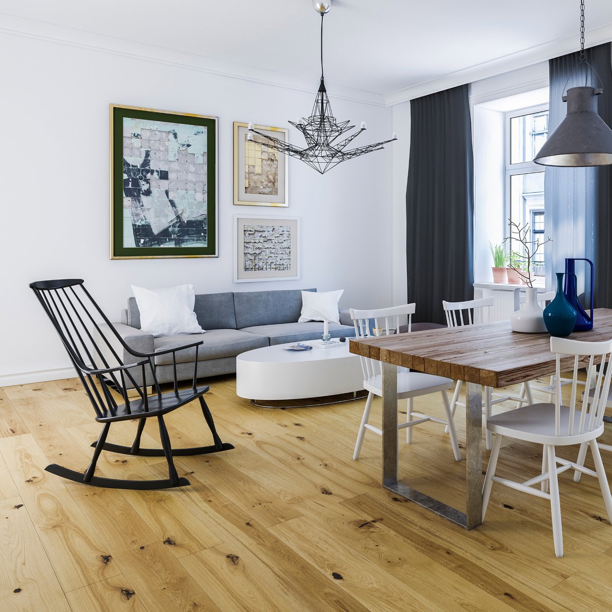Salón pequeño con suelo de madera, mecedora y muebles nórdicos