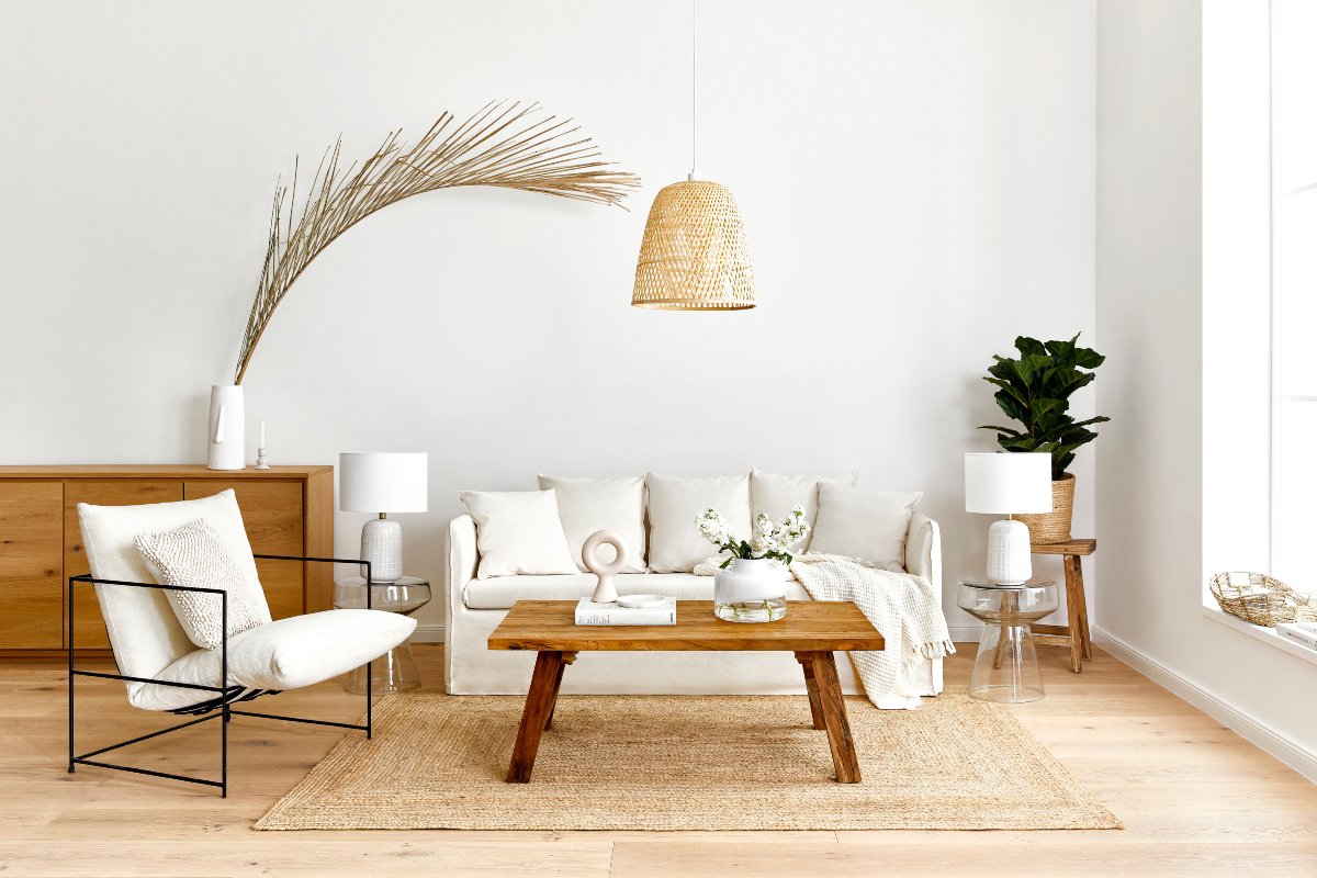 Salón con sofá blanco, mesa de madera y alfombra de yute