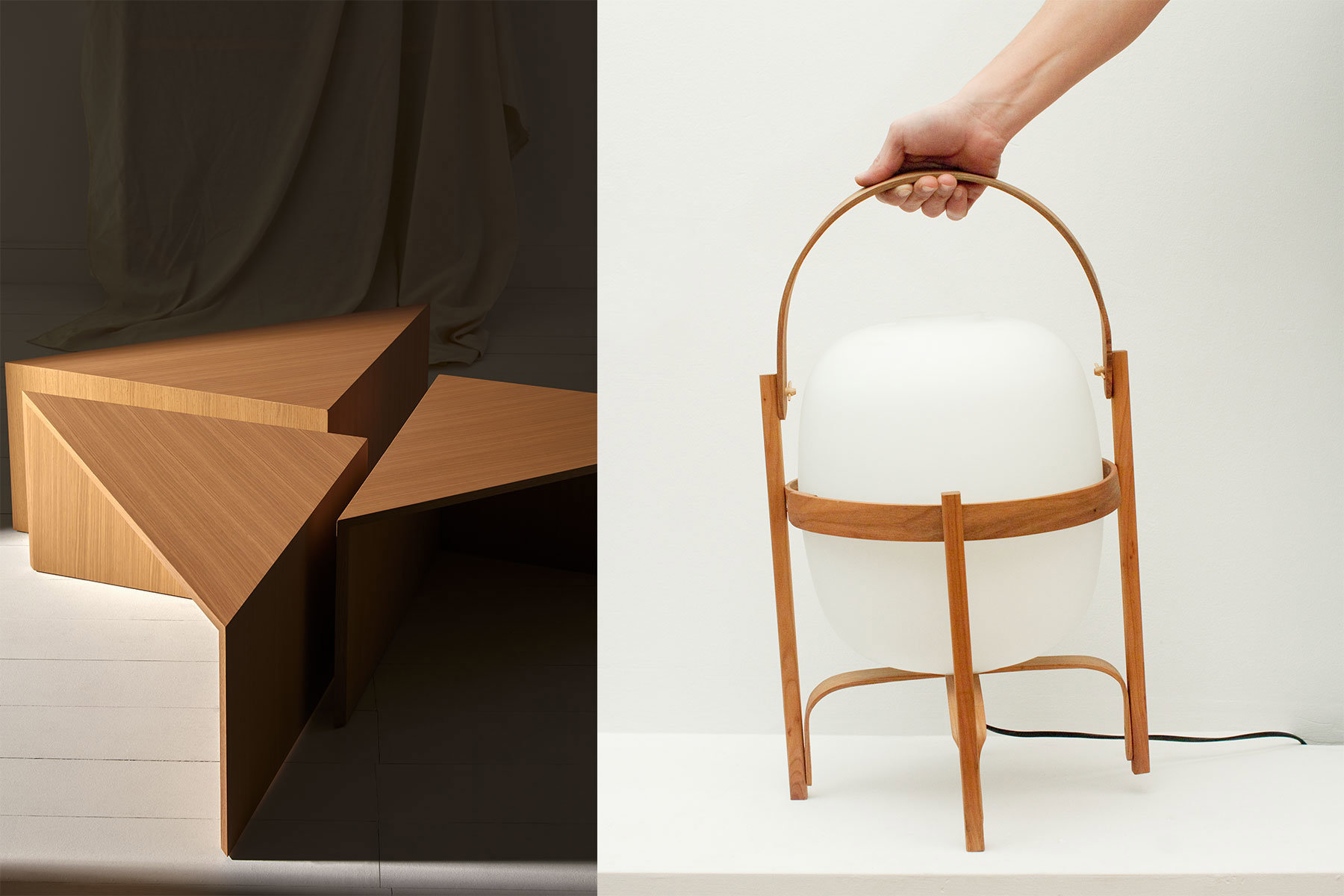 Diseño de producto de Miguel Milá: asientos de madera y su icónica lámpara 'Cesta'.