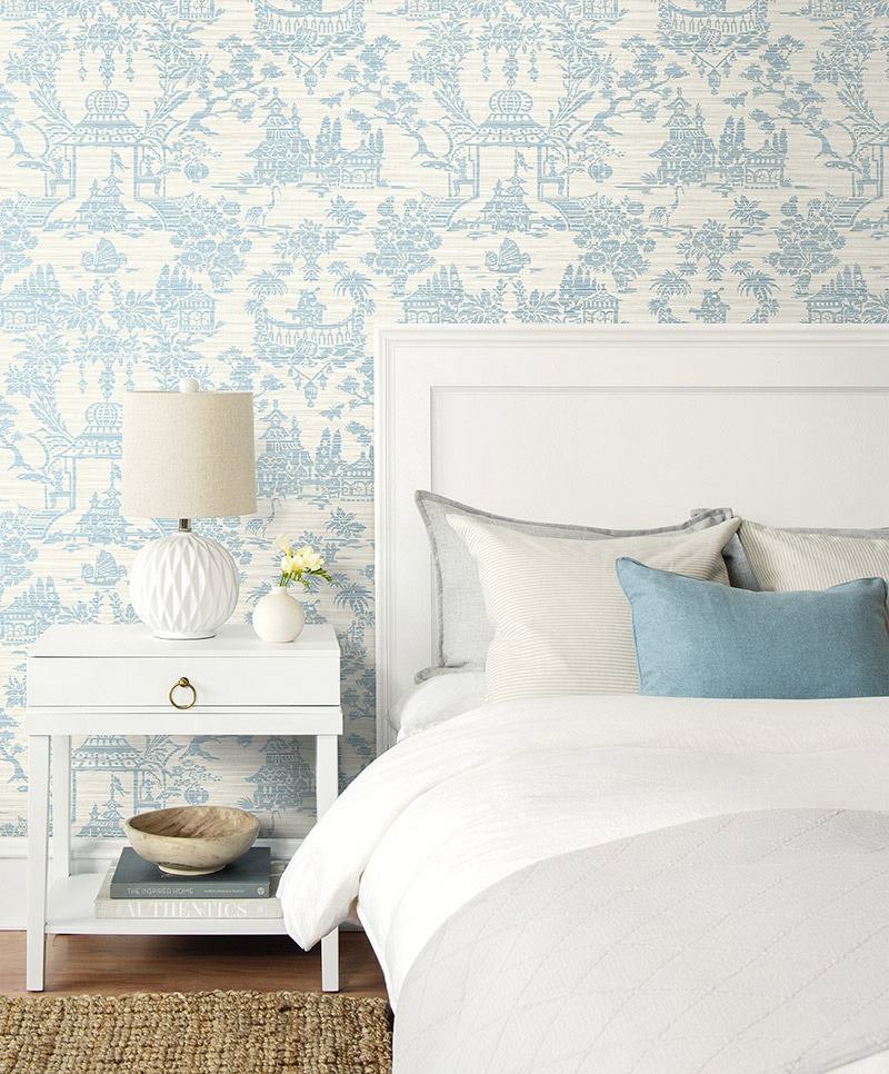 Dormitorio con papel pintado Toile de Jouy en azul