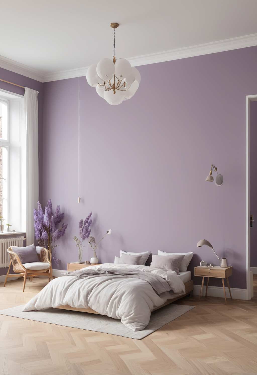 Dormitorio con paredes lavanda