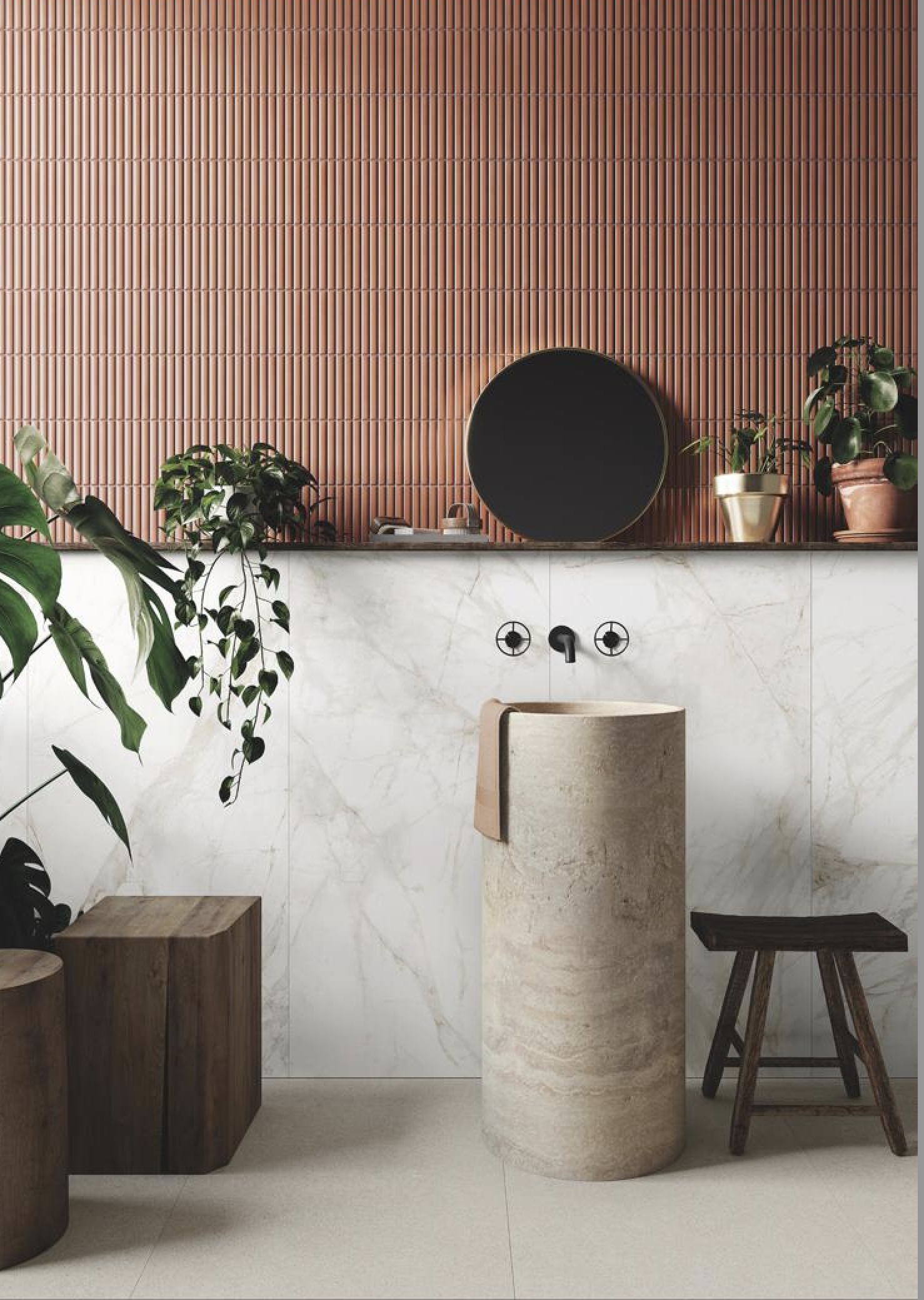 Baño con azulejos terracota y lavabo peana