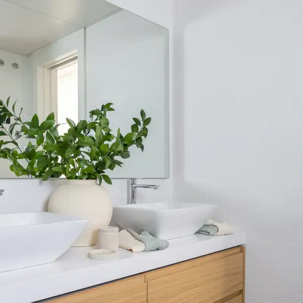 baño madera y blanco con plantas