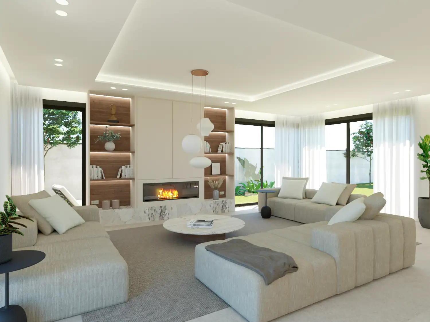 salon con 3 sofas y chimenea y vistas al jardin