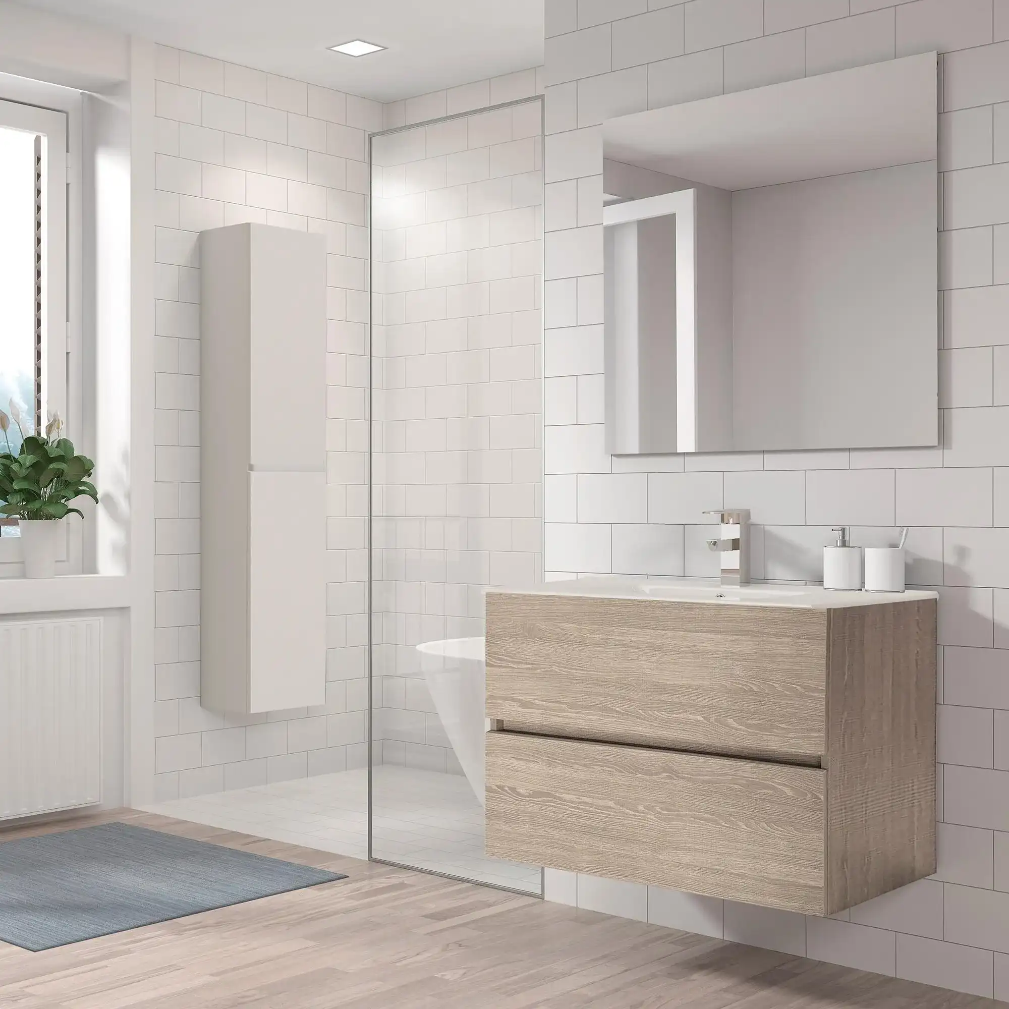 mueble de lavabo en madera sobre baño blanco