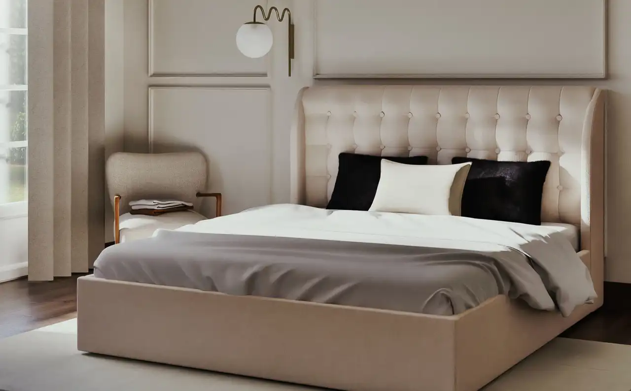 Habitación en beige y cabecero tapizado