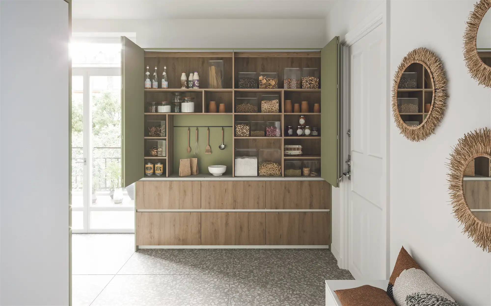 Cocina COTAGECORE verde madera despensa