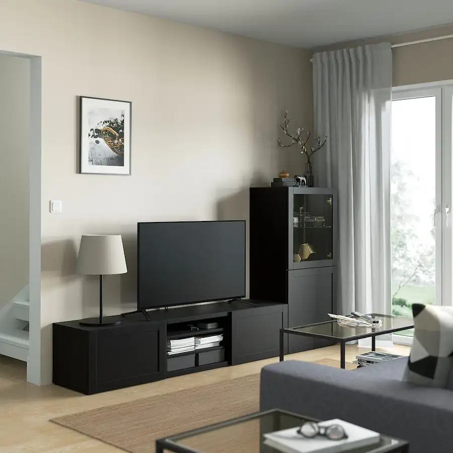 besta mueble tv puertas vidrio negro marron 