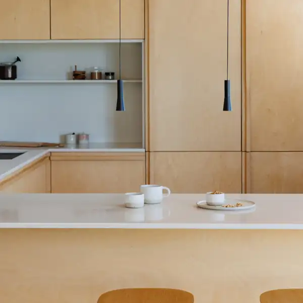 Cocina estrecha con dos luces suspendidas sobre la encimera de trabajo 