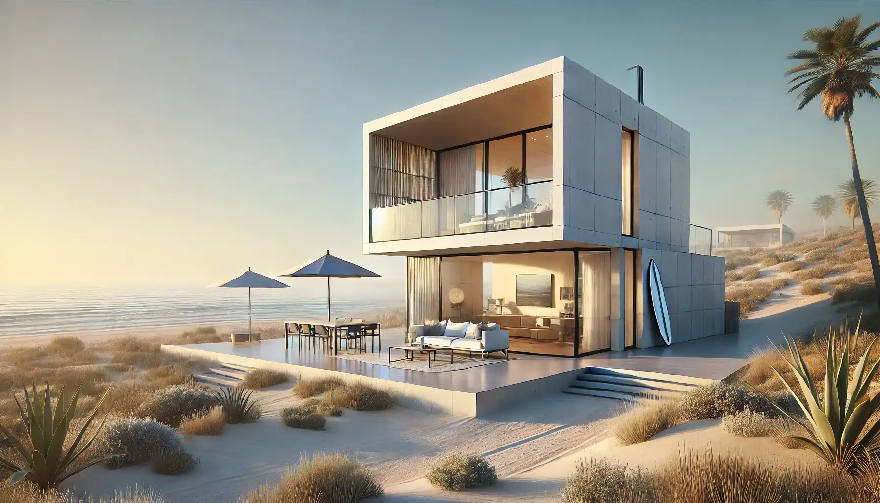 Render vivienda dos plantas en la playa generada con IA