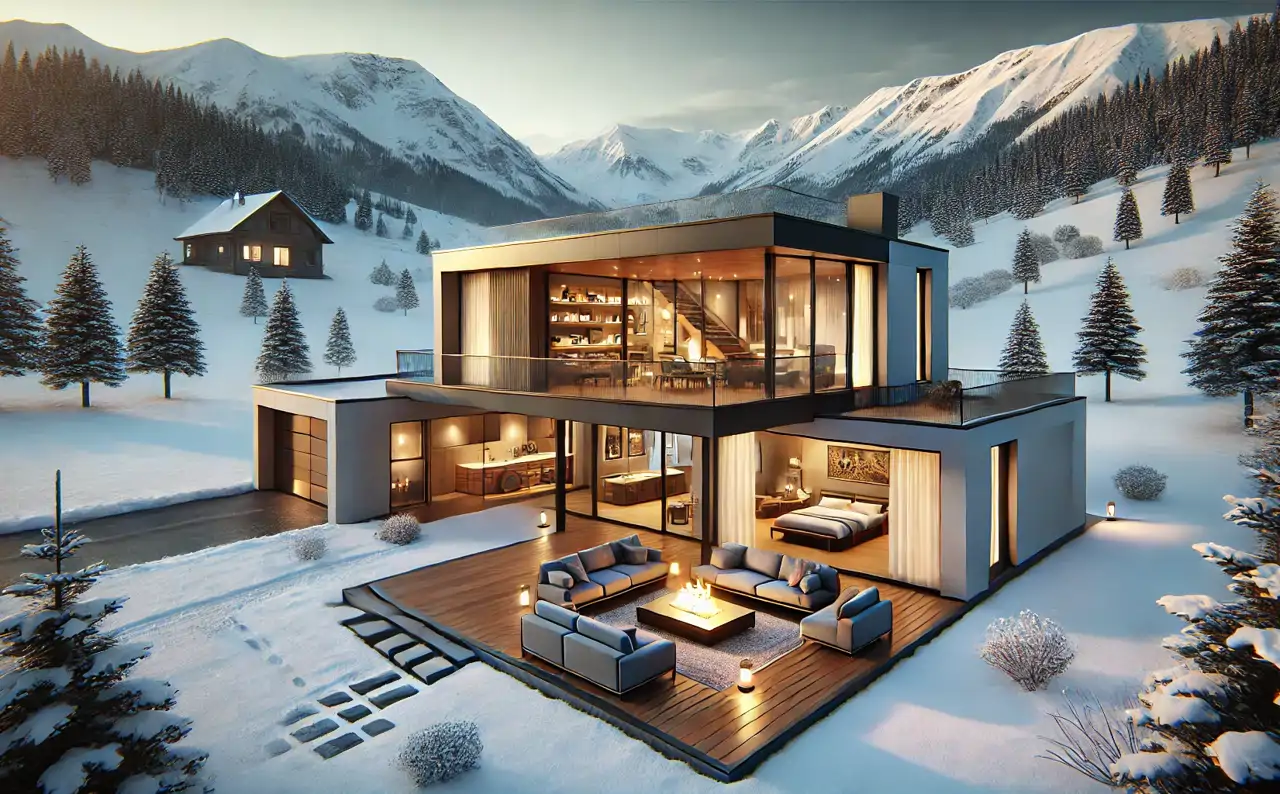 Render vivienda en un valle nevado generada con ChatGPT