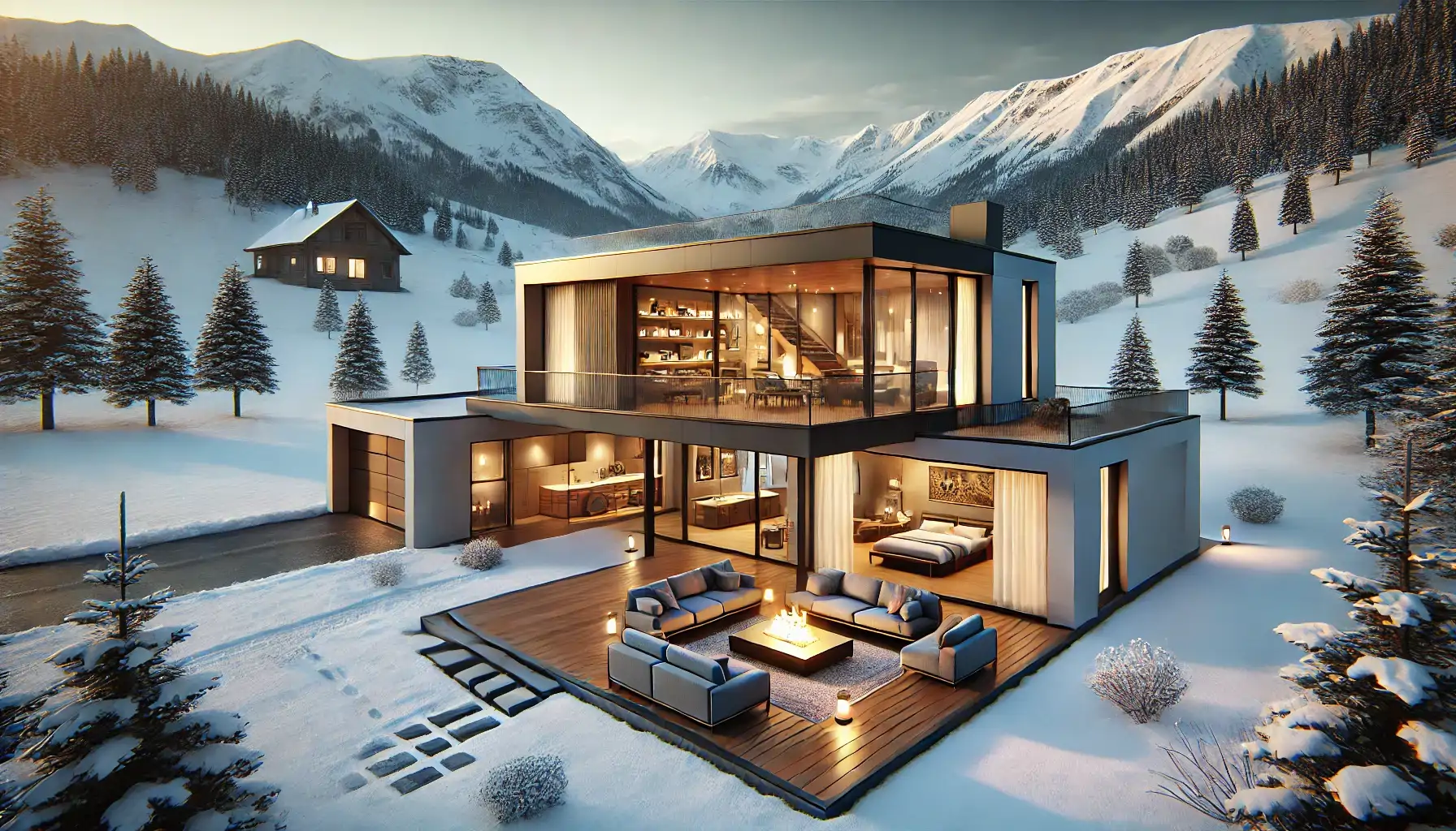 Render vivienda en un valle nevado generada con IA