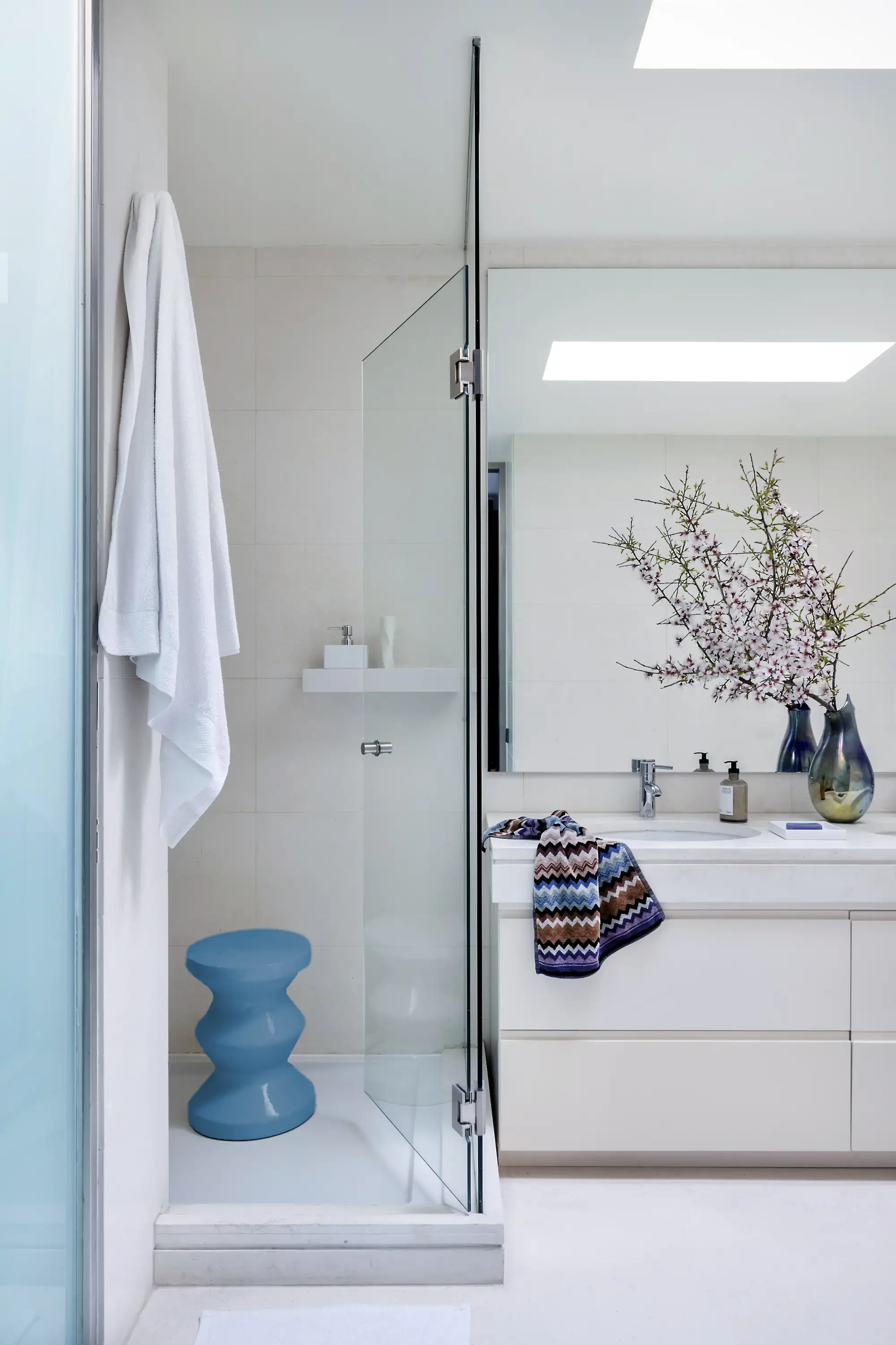 baño en blanco con planta y plato de ducha con mampara