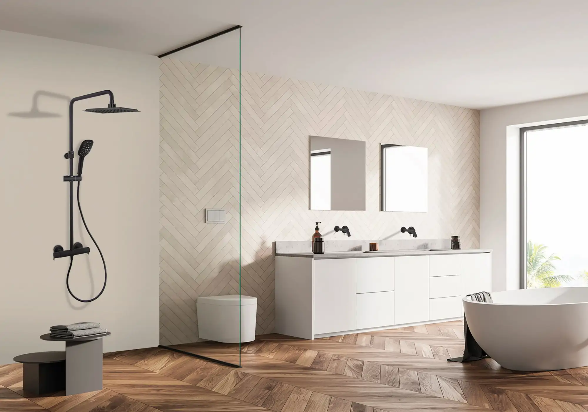 Baño con mampara de lámina fija