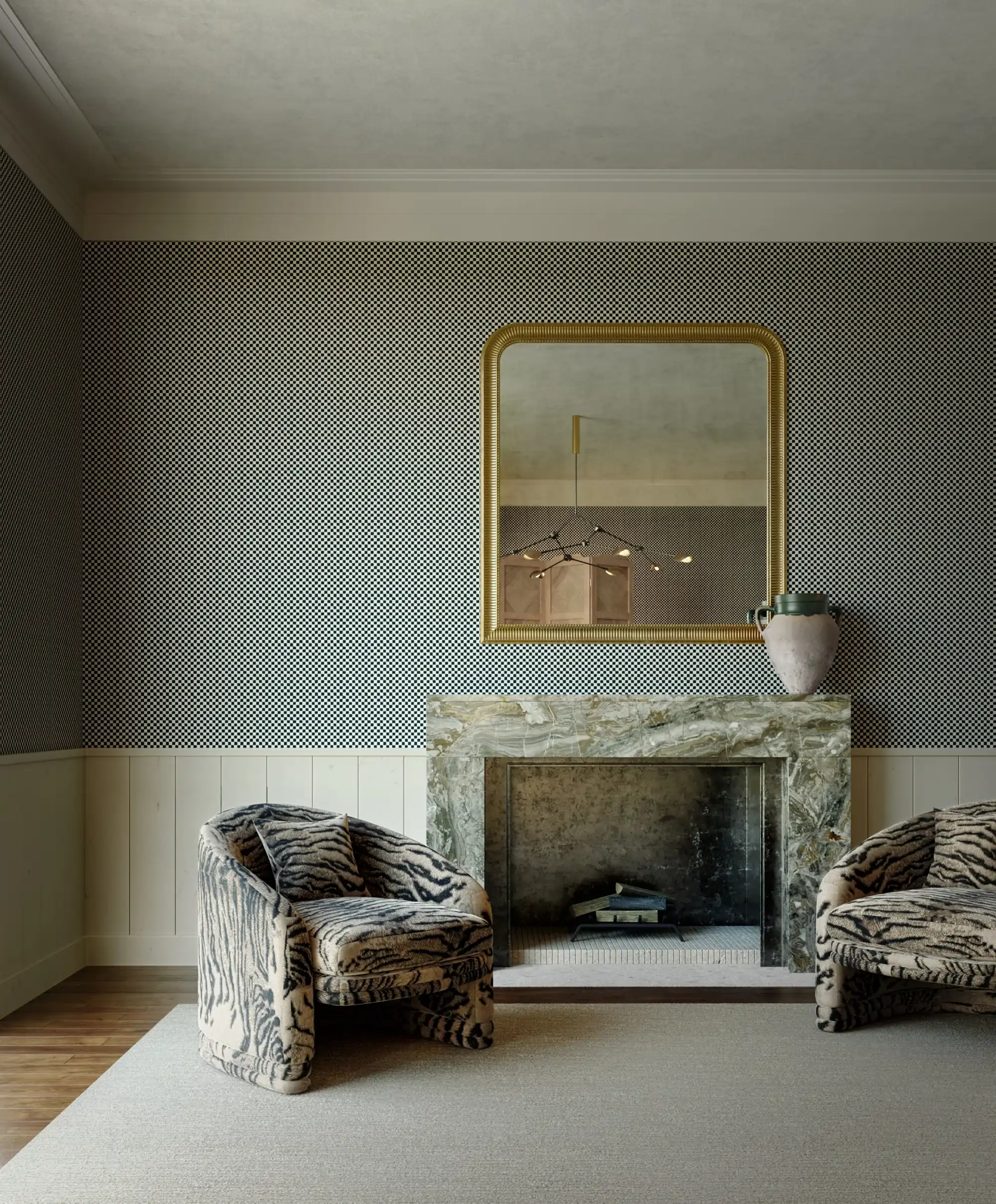 Salón decorado con un papel textil