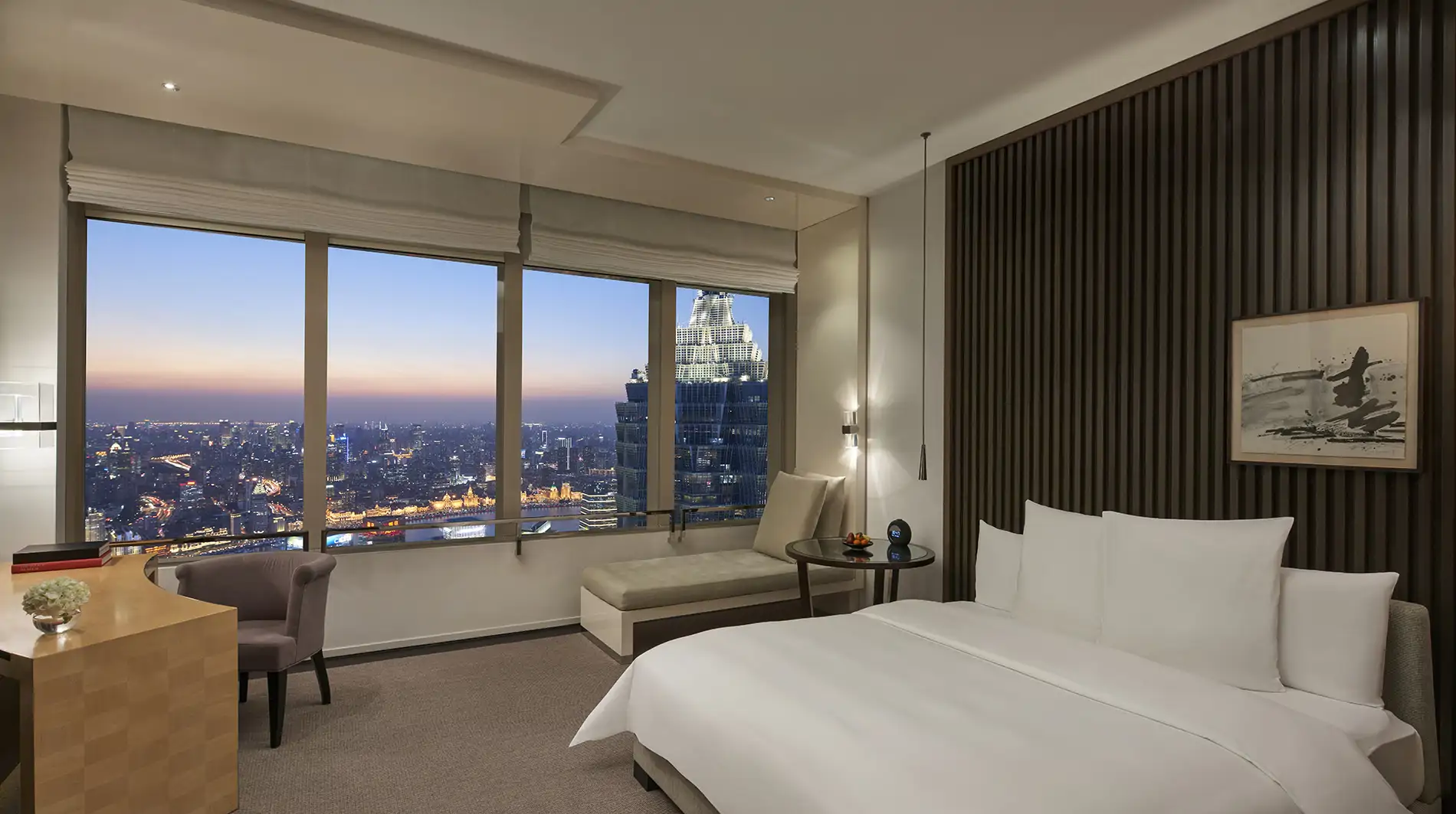 Dormitorios pensados para ser oasis de paz en Park Hyatt Shanghái.