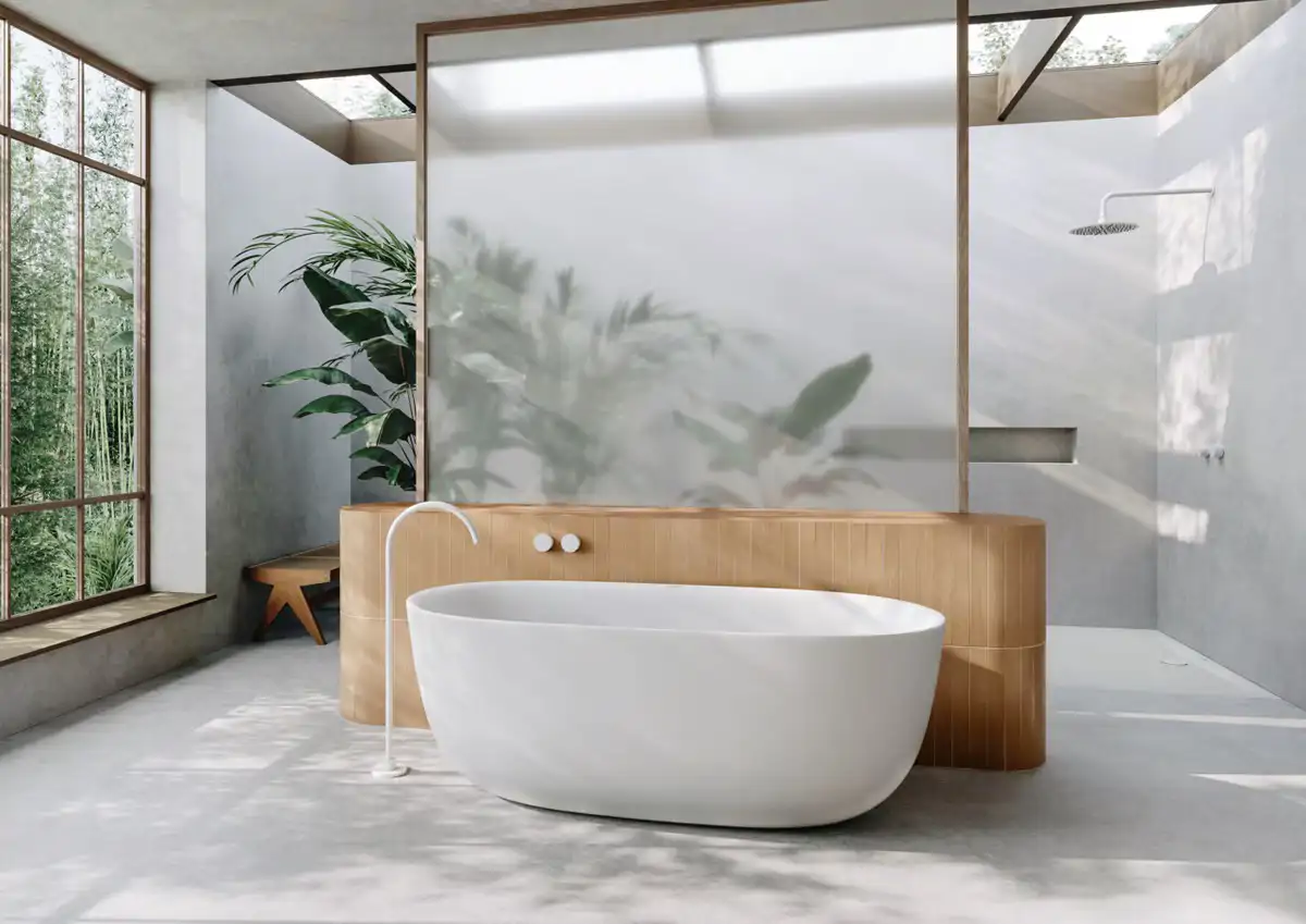 Las paredes de estos baños minimalistas invitan a la relajación