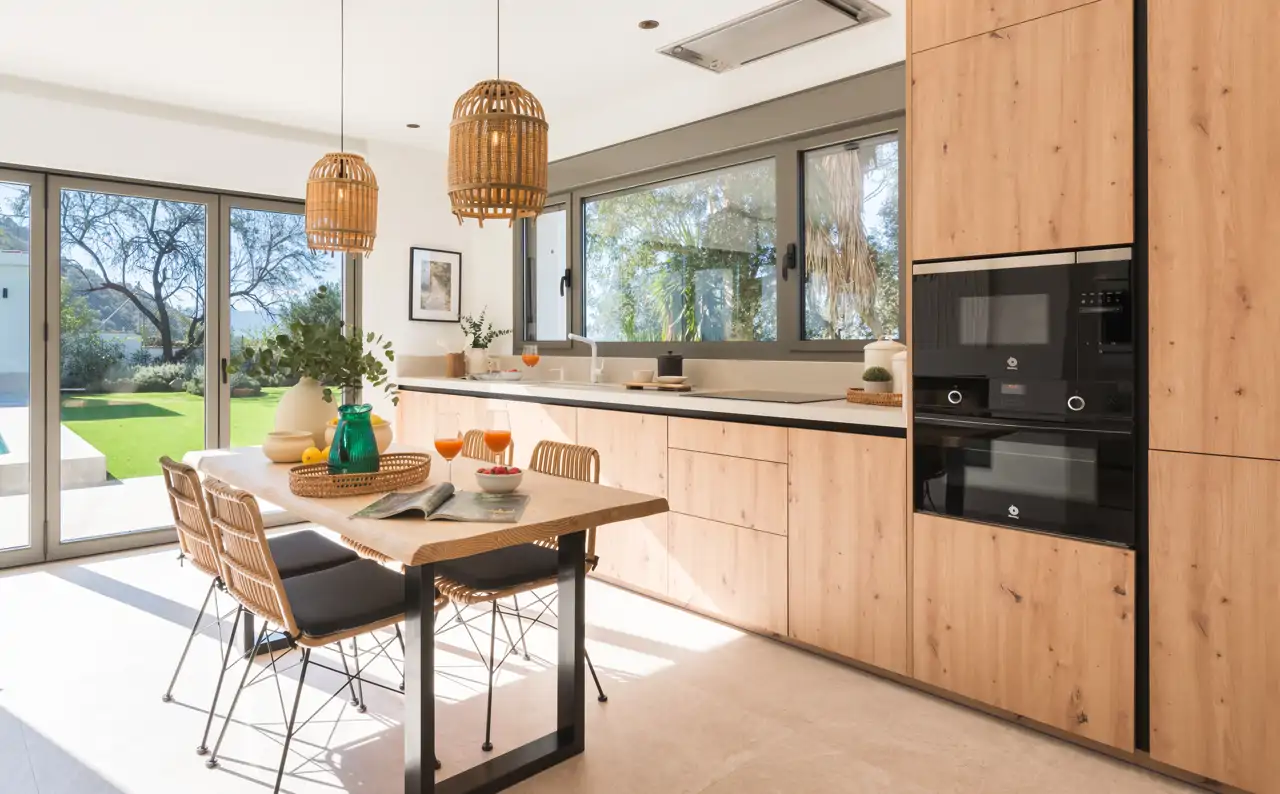 cocina de madera con mesa de comedor