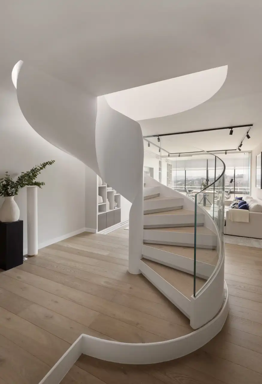 El desafío del nuevo diseño de la escalera ha sido adaptar los peldaños de madera a la curvatura de hierro de su estructura.