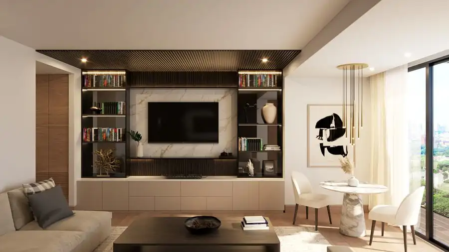 Salón con pared de TV de mármol
