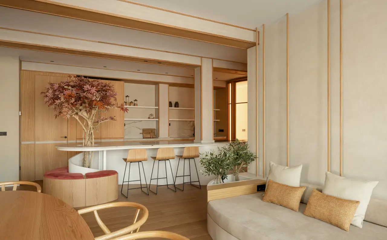 Toda la vivienda está inspirada en la estética Japandi, priorizando el uso de materiales orgánicos y naturales.