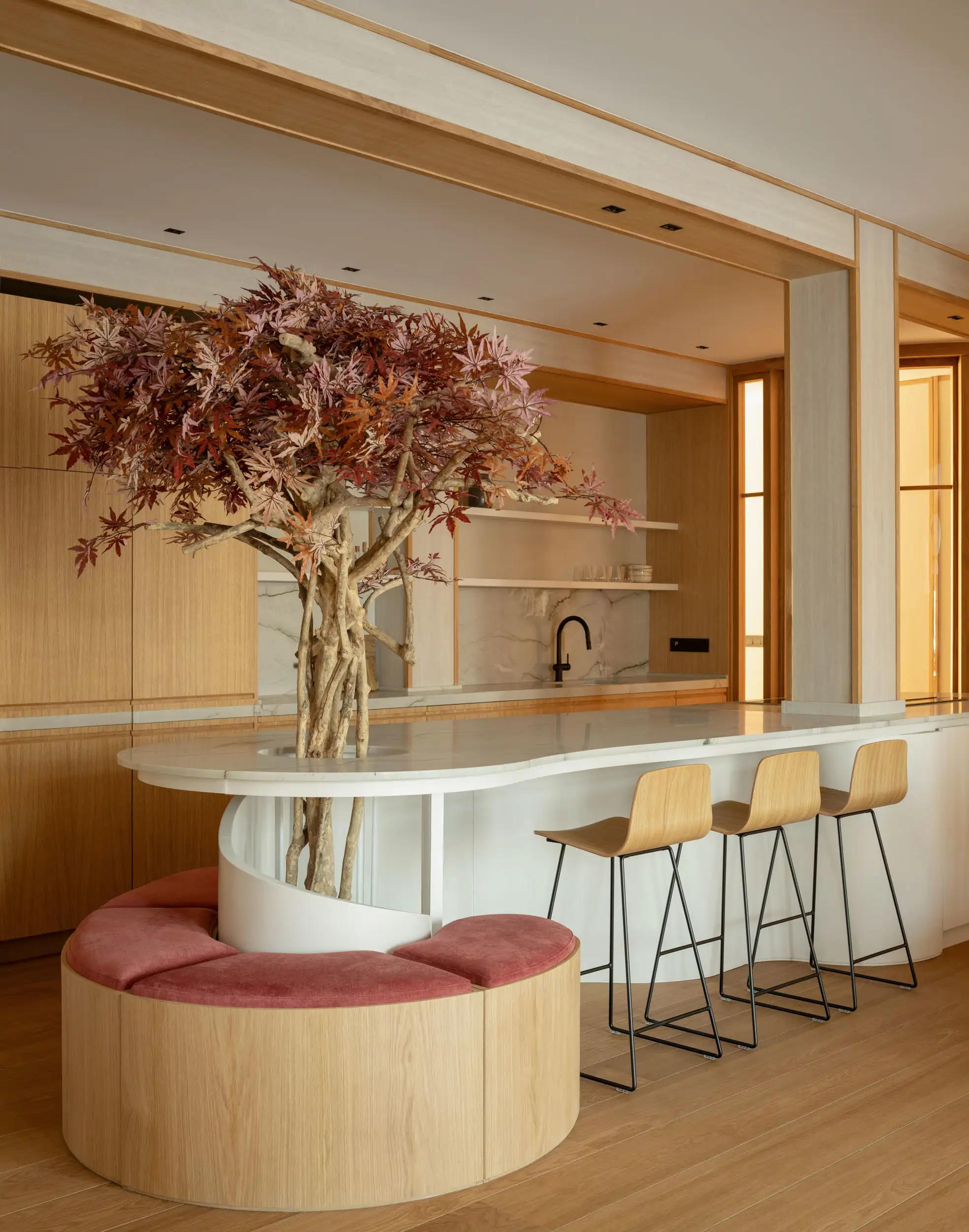 cocina con isla curva y árbol