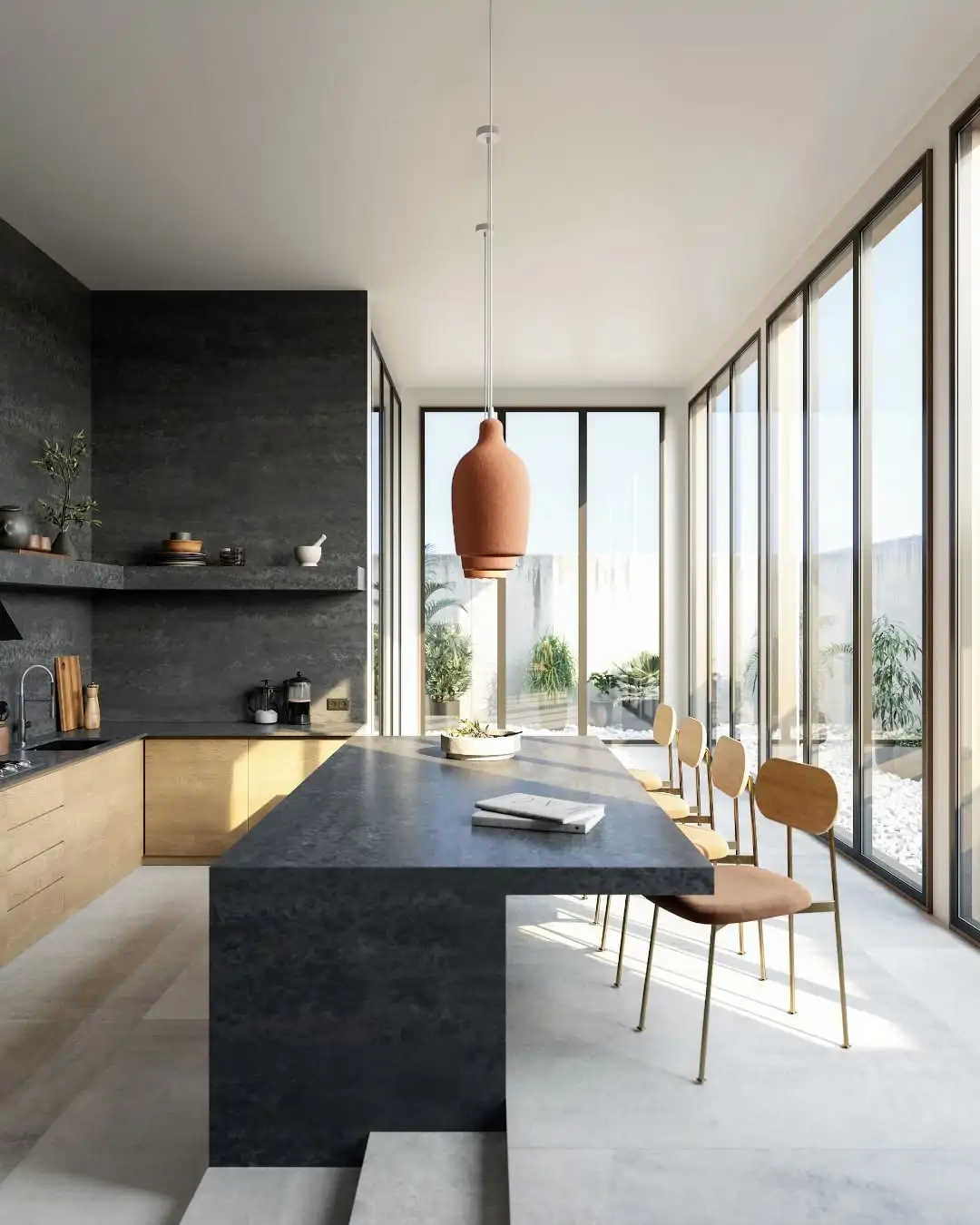 cocina negra combinada con madera clara